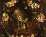 简凡凯塞尔 - Madonna with the Child and St Ildephonsus Framed with a Garland of Flowers